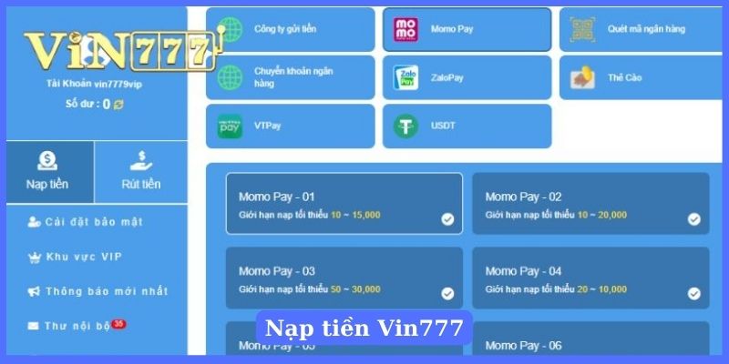 Nạp tiền vào hệ thống Vin777