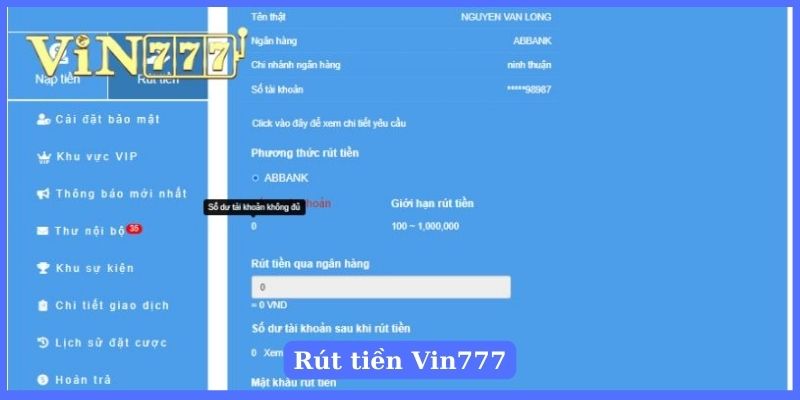 Cách rút tiền trên Vin777 về tài khoản ngân hàng